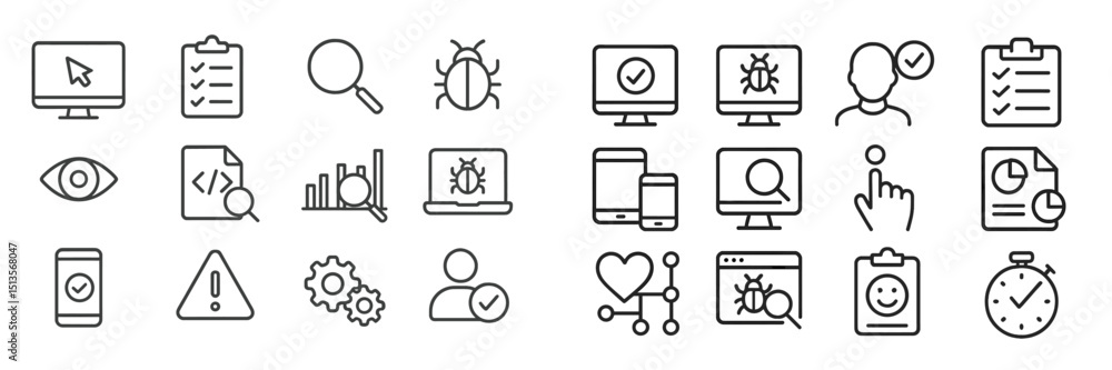 Poster collection of simple line icons representing various computer and technology concepts in a modern de