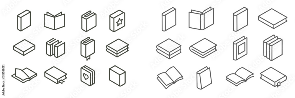 Poster collection of various book icons featuring different styles, open and closed designs in minimalist o