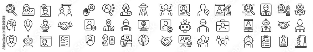 Fototapete collection of simple line icons depicting various human interactions and technology concepts in a mi