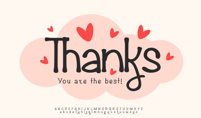 Thanksmessage with heart doodles for subscribers and followers. Cute fun handwritten font for greeting card, love poster, logo, headline and romantic design. Font alphabet logo. Vector illustration