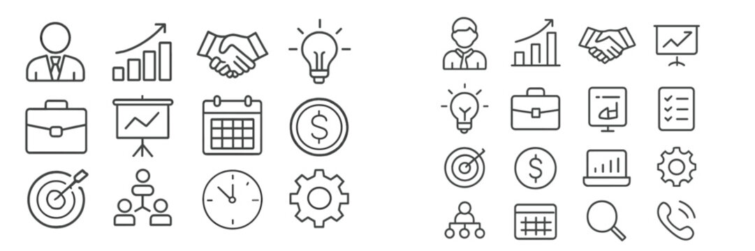 Business and finance icons representing various sectors and activities in a minimalist design, ideal for presentations and projects