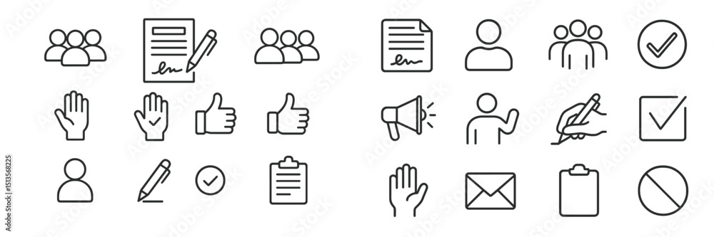 Poster collection of line icons representing teamwork, communication, and organization activities in a prof
