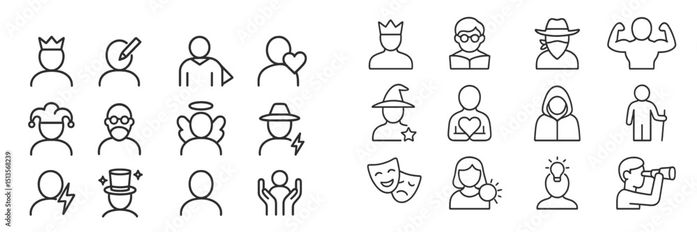 Poster creative collection of diverse avatars representing emotions and roles in a playful line art style