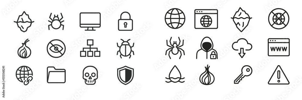 Aufkleber collection of cybersecurity and internet privacy icons representing threats and protections in the d