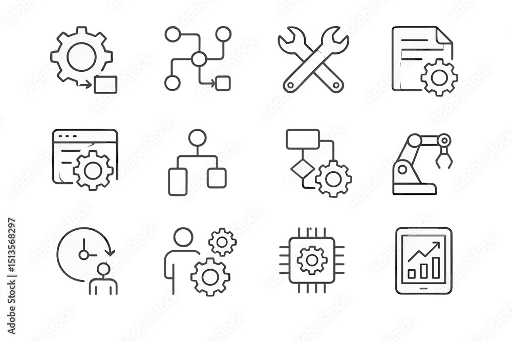 Fototapete various icons representing processes, tools, and automation in a modern workspace environment focusi