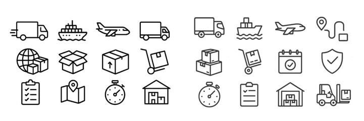 Plakat Line icons representing various modes of transport and logistics activities for efficient supply chain management