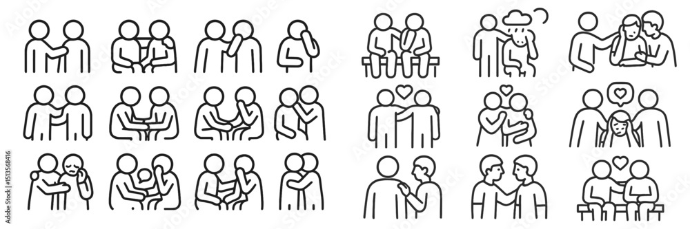 Poster diverse range of human interactions and relationships illustrated in simple line art