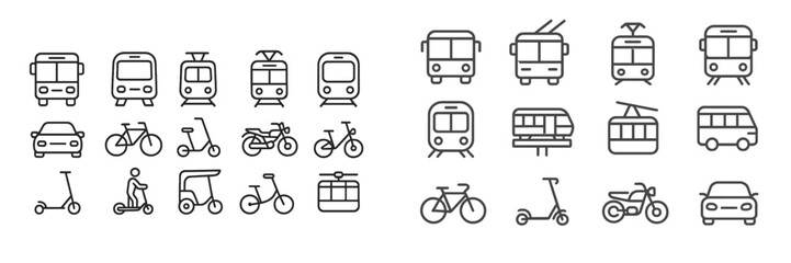 Line art illustrations of various modes of transportation including buses, trains, bicycles, and scooters