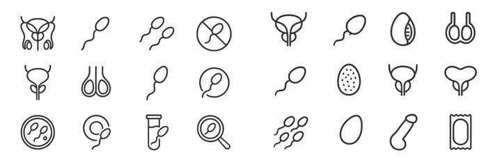 Detailed outlines of sperm and reproductive systems depicted through simple icons in a scientific illustration