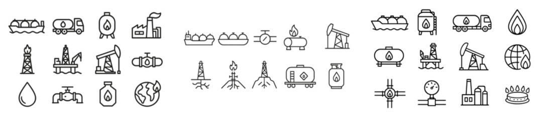 Plakat Oil and gas industry icons depicting exploration, production, and transportation activities in a detailed line art style