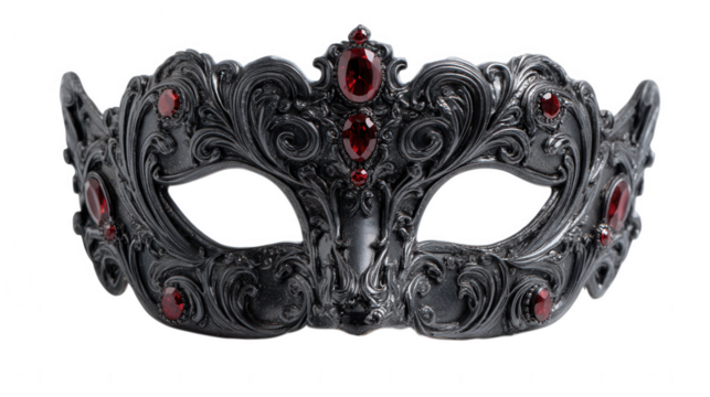 Ornate black masquerade mask with red gems isolated on transparent background, PNG