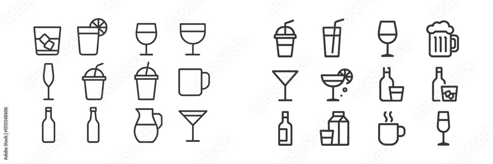 Poster collection of various drink icons showcasing refreshing summer beverages and party drinks for occasi