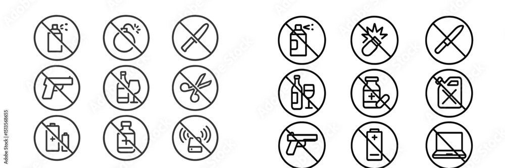 Poster Prohibited items signs displayed for safety in public spaces at a transportation hub