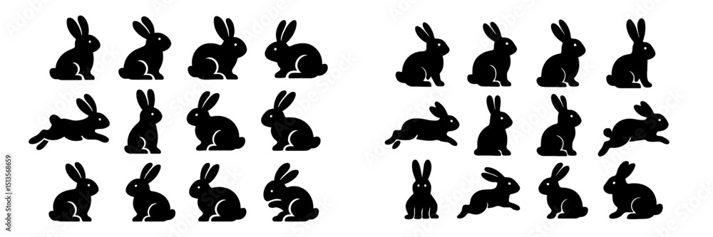 Poster collection of playful rabbit silhouettes in various poses on a white background