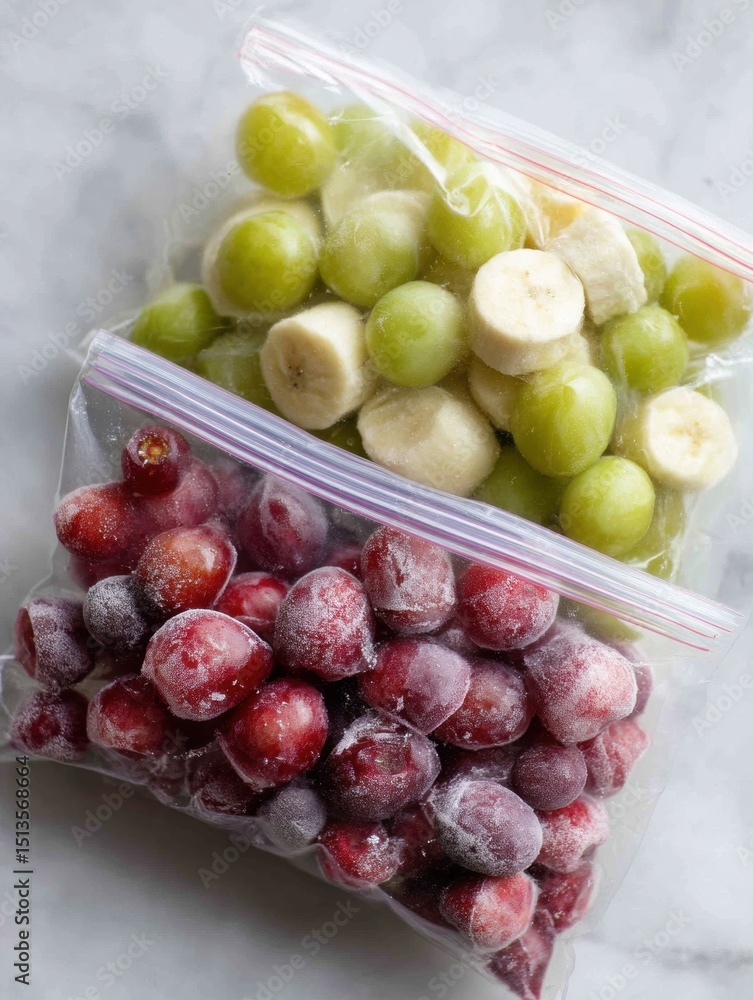 Poster frozen grapes and banana chunks stored in zip bags for healthy snacking and easy meal prep