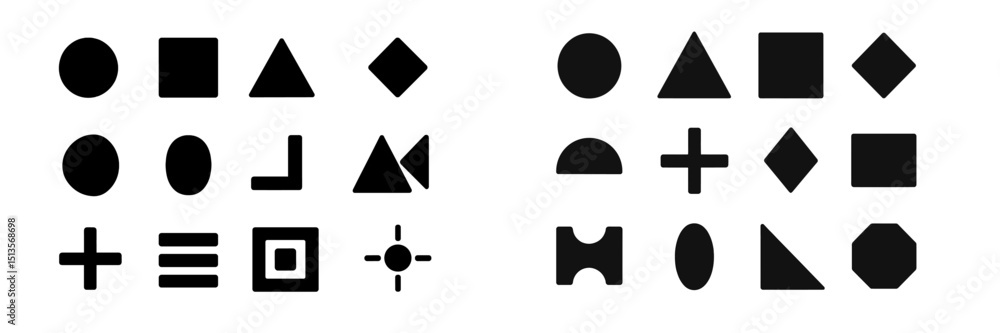 Poster various geometric shapes in black and white arranged in a grid pattern showcasing design and symmetr
