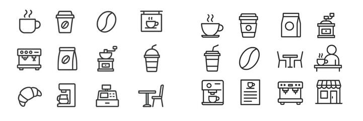 Coffee shop icons featuring beverages, equipment, and cafe elements in minimalist design for branding and marketing purposes