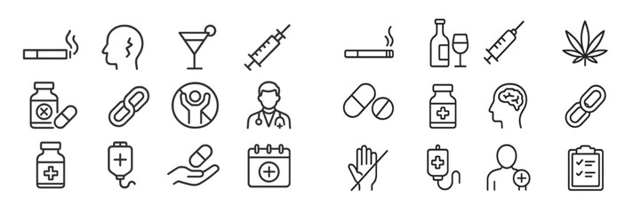 Icons representing different substances and medical activities including smoking, alcohol, and healthcare practices in a clinical context
