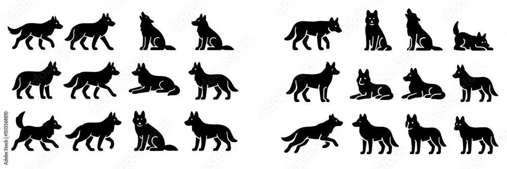 Poster silhouettes of different wolf poses capturing their movement and behavior in a dynamic arrangement