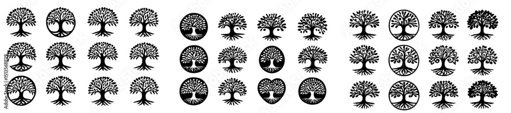 Poster collection of tree illustrations showcasing different styles, shapes, and designs in black and white