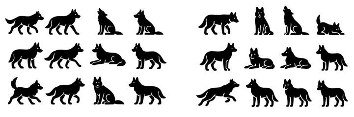 Fototapeta premium Silhouettes of different wolf poses capturing their movement and behavior in a dynamic arrangement