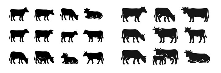Various silhouettes of cows showcasing different poses on a white background in a minimalist design