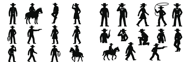 Silhouette collection of cowboys and cowgirls engaged in various activities in a western setting