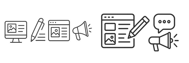 Creative process of digital content creation involving brainstorming and presentation tools in a modern workspace