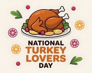 A cheerful illustration of a roasted turkey on a platter, garnished with orange slices and cranberries, sits atop a light beige background. Celebrates National Turkey Lovers Day.