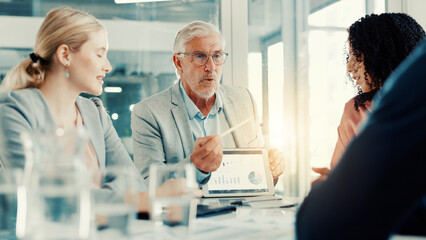 Presentation, businessman and tablet screen with charts in meeting, investment metrics or planning....