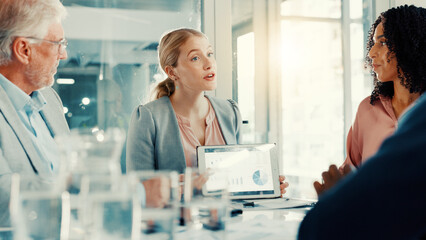 Obraz premium Presentation, business woman and tablet screen with charts in meeting, investment stats or planning. Office, team and brainstorming with technology for financial data, analysis and kpi on dashboard