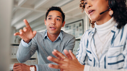 Coaching, call centre and business people in office, computer and communication with mentor....