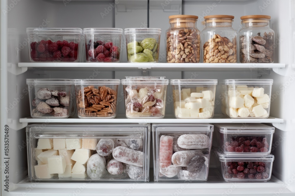 Poster modern freezer interior showcasing neatly organized frozen goods in clear containers for efficient s
