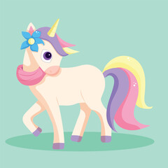 Cute character of funny happy magical unicorn. Isolated vector illustration