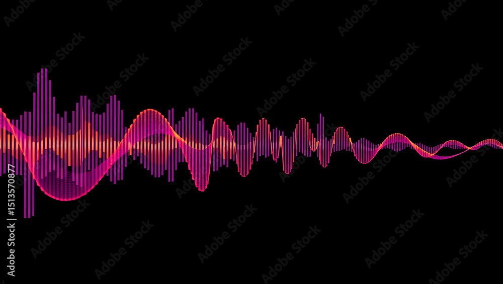 Poster dynamic sound wave visualisation featuring neon pink and orange pulsating audio spectrum on a deep b