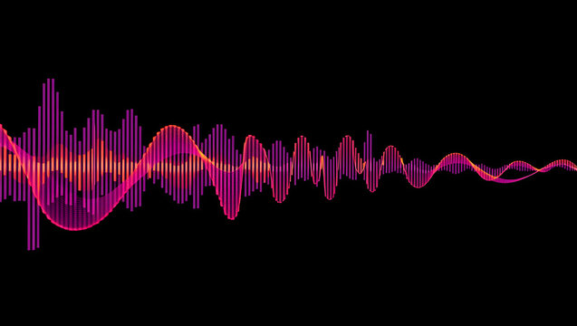 Dynamic sound wave visualisation featuring neon pink and orange pulsating audio spectrum on a deep black background.