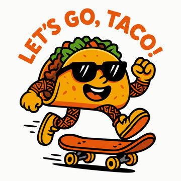 Cartoon taco character wearing sunglasses and riding a skateboard with a joyful expression. Fun and playful vector illustration with the phrase "Let's Go, Taco!"  perfect for humorous t-shirt designs