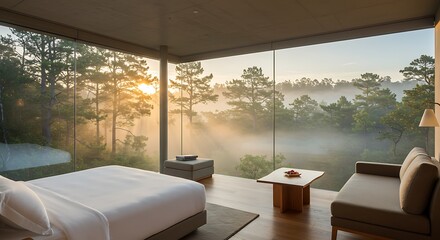 Luxurious Bedroom with Panoramic Forest View at Sunrise, Mist Shrouded Trees
