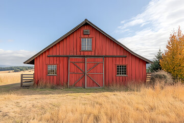 Fototapeta premium Charming country barn with red-painted walls, large wooden doors, and golden fields.