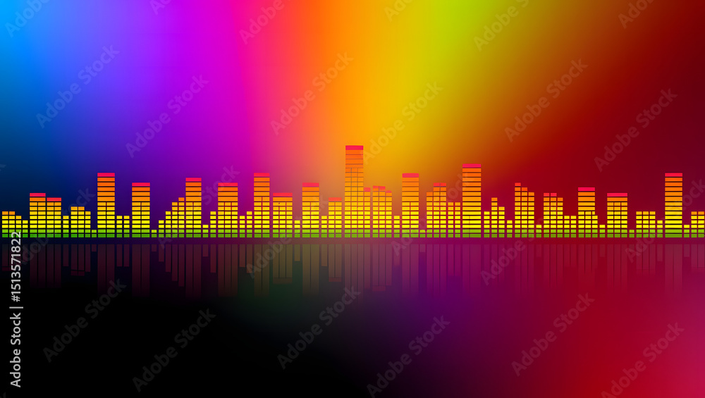 Poster colorful audio equalizer visual representation with vibrant spectrum of rainbow colors and reflectiv