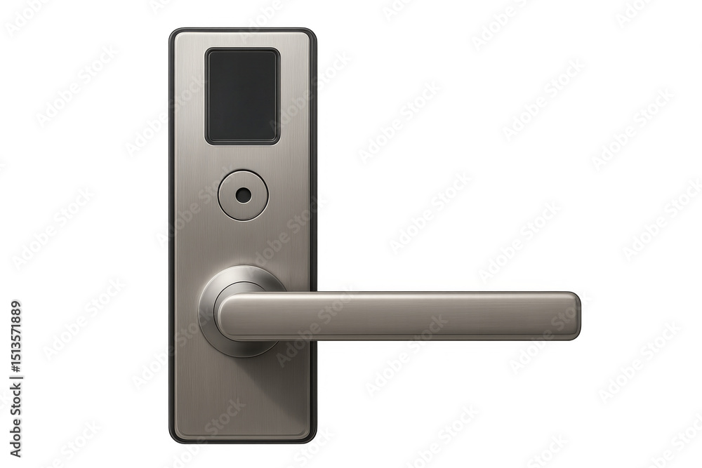 Poster modern smart door lock with keypad and handle on transparent background