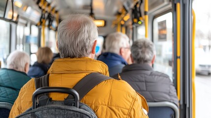 Senior man commutes on public bus city transit