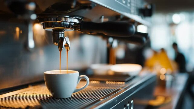 Close-Up of Espresso Machine Brewing Fresh Coffee in a Caf&eacute; Setting