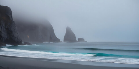 Misty Cliffs Over Gentle Coastal Waves

