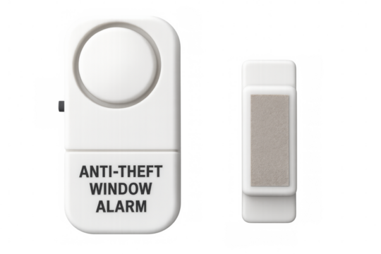 Anti-theft window alarm system with magnetic sensor on transparent background