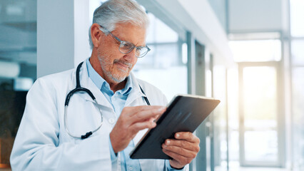 Happy, doctor or man with tablet, typing and research with email for shift schedule. Internet,...