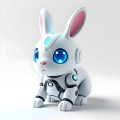 Adorable futuristic robot bunny depicted against a clean white background exemplifying technological advancement and cute robotic aesthetics