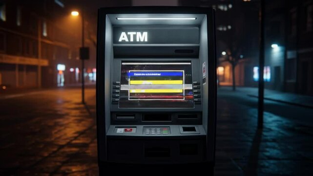 ATM machine with screen filled with digital noise on city street  