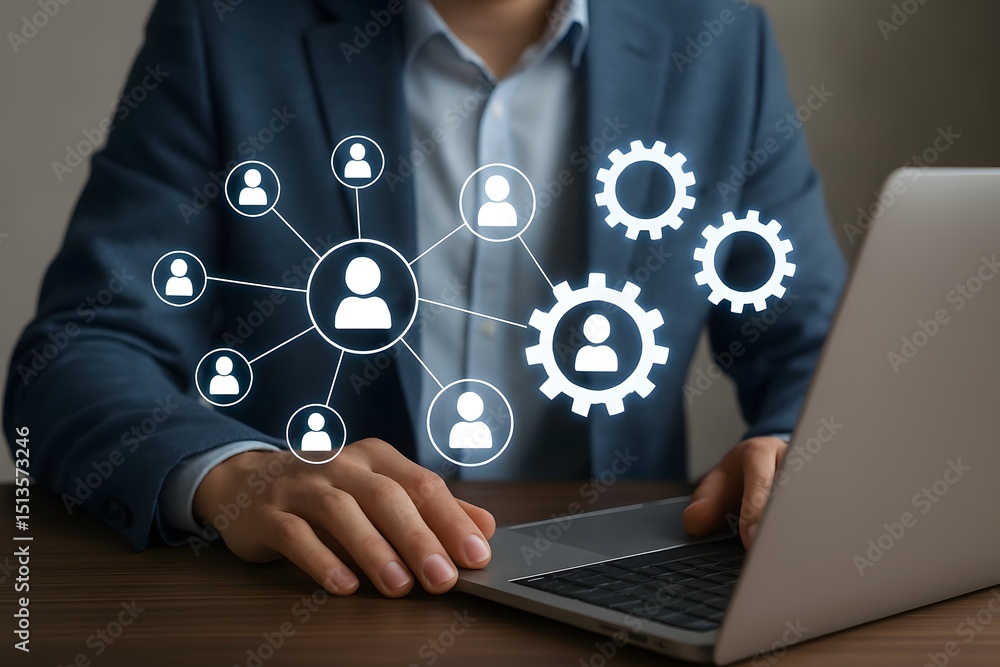 Poster a person manages a network with gear icons symbolizing teamwork and connection. the central image is