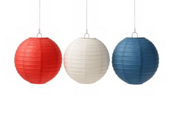 Red white and blue paper lanterns hanging with transparent background